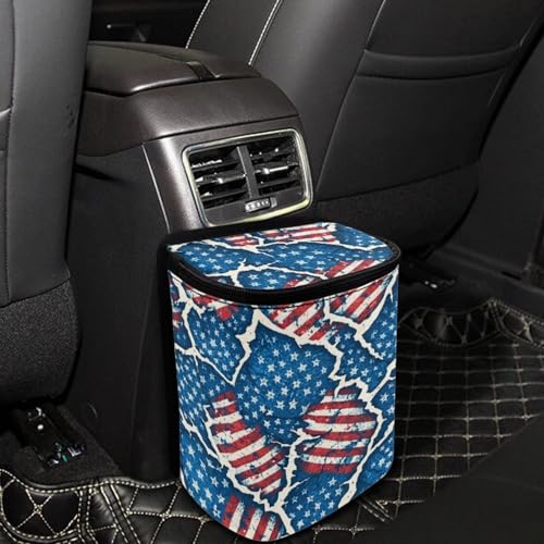 Image of Talayituse Vintage American Flag Paper Print Car Trash Bin, Large Size Auto Trash Can Adjustable Portable Garbage Can with Lid, Vehicle Hanging Bag for Headrest Front Back Seat 4th of July Decor