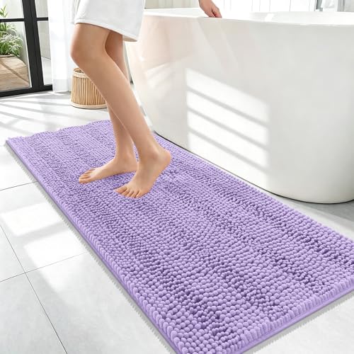 Image of OLANLY Thick Bathroom Runner Rugs 47x17, Extra Absorbent Chenille Striped Bath Rugs, Rubber Backing, Machine Wash Dry, Long Bath Mats for Bathroom, Tub and Shower, Home Decor Accessories, Lavender