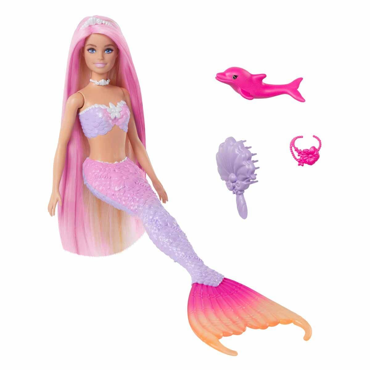Barbie Muñeca sirena Malibú que cambia de color con el agua con accesorios de moda y delfín, serie Un toque de magia, juguete +3 años (Mattel HRP97)