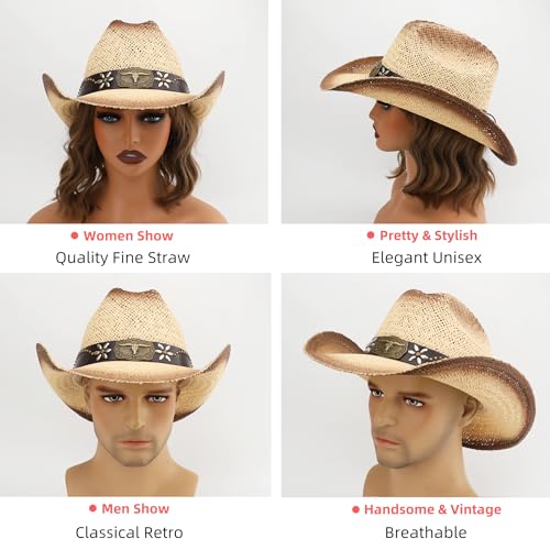 Image of Straw Cowboy Hat, Western Cowgirl Hat, Wide Brim Sun Beach Hat for Men and Women