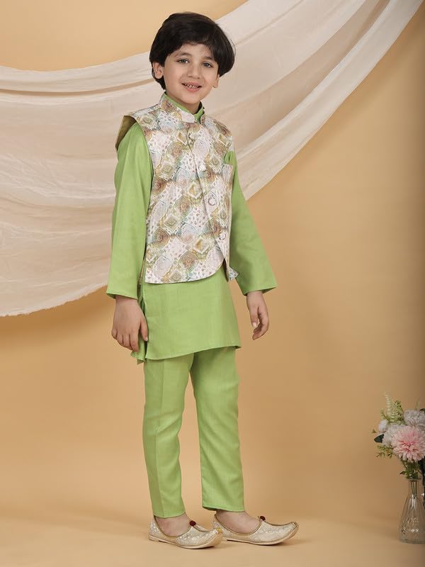 Image of superminis Boys Cotton Printed Full Sleeves Kurta Pyjama with Jacket Ethnic Wear Set