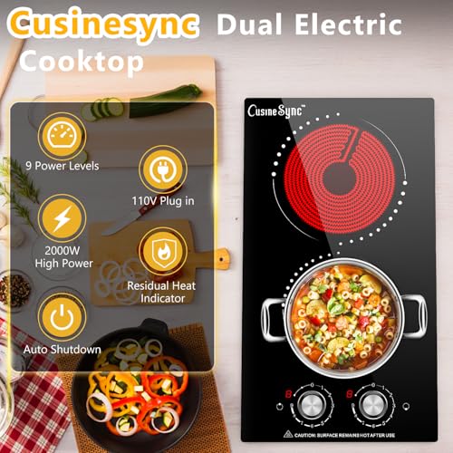 Image of 12 Inch 2 Burner Electric Cooktop, 110V Plug-In, 2000W | Ceramic glass cooktop with knob heat control for countertop or built-in use in compact kitchens and RVs