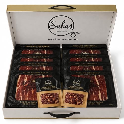 SABE A SABAS Paleta de Cebo Iberica 50% Raza Iberica Loncheada Corte a Cuchillo 10 Sobres de 100g y 2 Taquitos Ibericos 100g Maletin Gourmet para Regalo Premium Curacion Lenta 22 Meses Sin Gluten