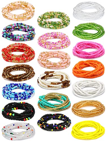 Yinkin 20 Pcs 50 Inch African Waist Beads for Women Plus Size Waist Belly Beads Tie on Layered Body Chain Non Stretching Colorful Body Bikini Jewelry Accessories for Summer Beach