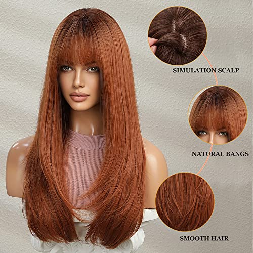 Esmee Long Straight Copper Wigs for Women Natural Synthetic Hair Ombre Wigs with Fringe for Daily Party Use - Image 3