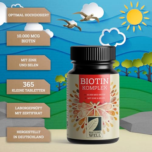 Biotin hochdosiert 10.000 mcg - 365x Biotin Tabletten als Komplex mit Zink & Selen - Vitalstoffe für Haarwuchs, Haut & Nägel - laborgeprüft mit Zertifikat - 100% vegan - Vorratspack für 1 Jahr