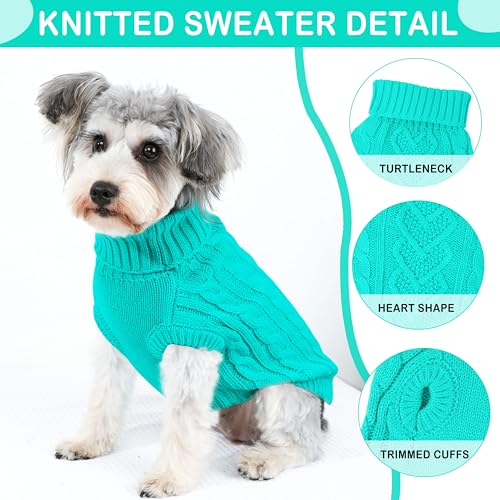 Image of Dog Sweaters Small Dog Clothes for Winter Solid Knitted Puppy Sweater Warm Pet Cat Sweater Doggy Pullover Outfit with Heart-Shape Design(Lake Green, Medium)