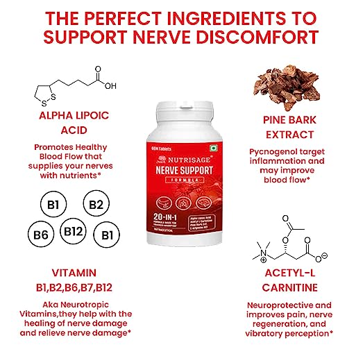 Nutrisage Nerve Support Formula- Neuropathy Support Supplement, with 600 mg Alpha Lipoic Acid, Pine Bark, L-Carnitine, Magnesium & Potent Herbs, Non-GMO Nerve Support, 60 tab-1mth course (1)