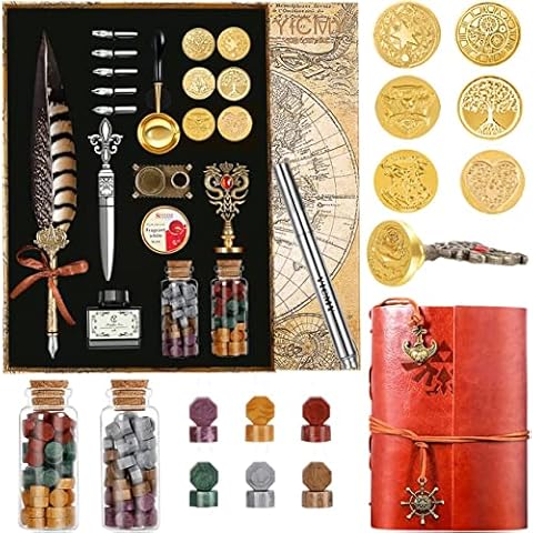 YICMY Feather Pen Pheasant Quill Pen and Ink Set,Caligraphy Kits for Beginners, Feather Pen and Ink Set With Leather Journal Notebook,Wax Seal Kit,7 Wax Seal Stamp Heads,Calligraphy Pens for Gift Cover
