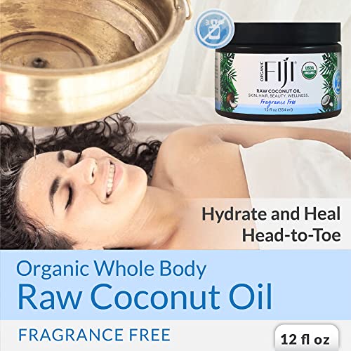 Organic Fiji Cold Pressed Coconut Oil Extra Virgin, Fragrance-Free for Hair, Skin, Face & Body Natural Moisturizer & Massage Oil for Women, Men & Baby 12 oz