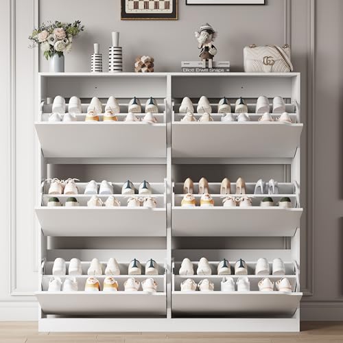 Image of Xixini Shoe Storage Cabinet for Entryway with 6 Flip Drawers, Sturdy Wood Hidden Shoe Storage, Freestanding Narrow Slim Shoe Organizer for Front Door Entrance, Living Room, Hallway, Bedroom, White