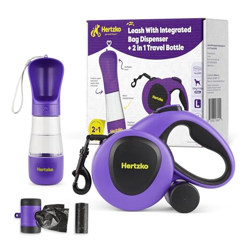 Hertzko Heavy Duty Retractable Dog Leash with Built-in Poop Bag Holder + Water Dispenser/Bottle - Purple & Black, 16 Ft, Small, Medium & Large Dogs Up to 110lbs, Heavy Duty Purple Leash w/Thick Rope