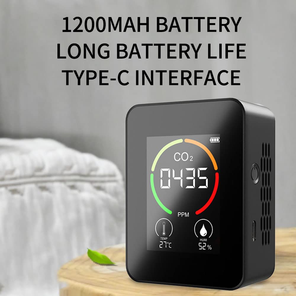 Detector de CO2, Monitor de CO2, Monitor de dióxido de Carbono, Sensor de CO2, Cargador Digital USB, Sensor de Calidad del Aire, Detector de Temperatura y Humedad para Oficina en casa(Negro)