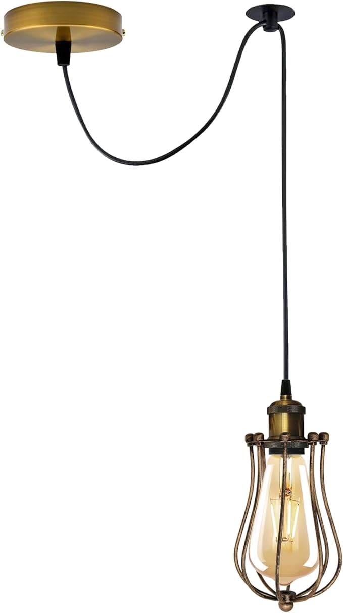 LEDSone Industriële Retro Moderne Geborsteld Koper Enkele Hoofd Verstelbare Hanglamp, Metalen Draad Kooi, Plafond Montage Licht Voor Binnenlicht Voor Slaapkamer, Woonkamer, Studiekamer (Eenal, Zonder Lamp) photo 2