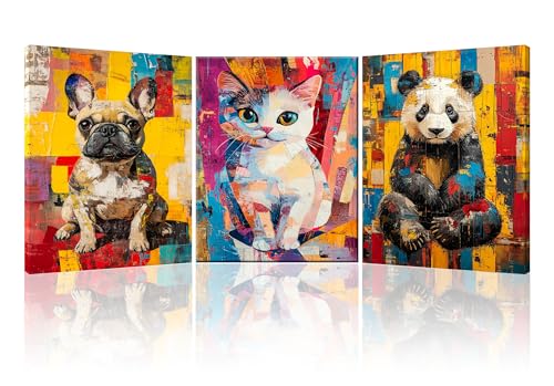 PIY PAINTING 3pcs Animale Astratto Quadro Moderno Soggiorno Panda, Cane e Gatto Immagini Pittura, Decorazione Canvas Quadretti Da Parete, Stampe Su Tela Camera Da Letto Con Cornice 30×40cm