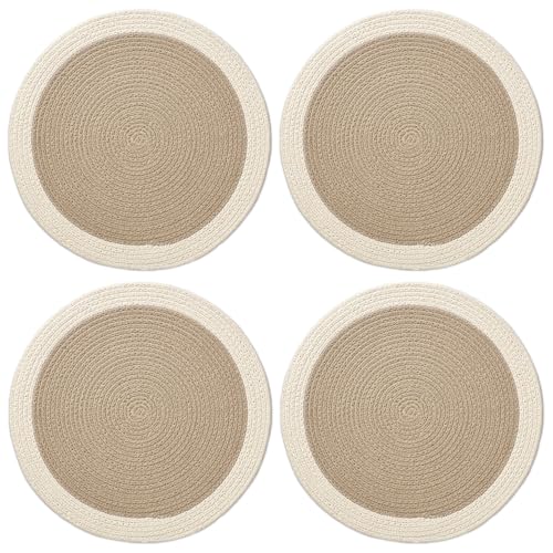 Image of Dining Table Mats Set of 4 | Cotton Table Mat 32 cm Diameter, Encasa XO Washable Round Table Mats, Heat Resistance Dining Table Placemats, Handmade Ribbed Style for Centre Table, Beige & Off White