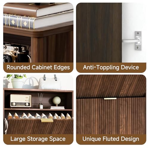 Image of Rovibek Shoe Cabinet Storage for Entryway, Narrow Shoe Rack with 3 Flip Drawers, Wood Fluted Shoe Cabinet Mid-Century & Rounded Corner Design, Hidden Shoe Storage for Entryway, Walnut