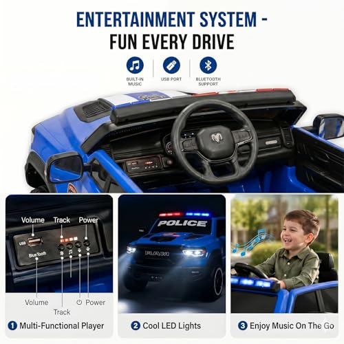 Image of 24V Licensed Dodge RAM Mammoth 1000 Ride On Police Car, 2-Seater Electric Ride On Truck with Remote Control, Power Wheels Toy Siren, Flashing Lights, Music, Bed Storage, Gift for Boys Girls, Blue