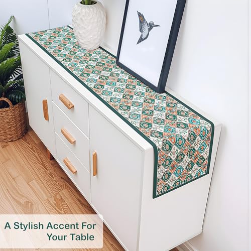 Image of Heart Home Velvet 13x72 Inch Table Runner for Home Decor | 6 Seater Dining Table Place Mat Elegant Soft Feel /Machine Washable | Pyramid 1348 - Cream & Green
