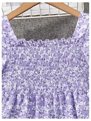 OYOANGLE Girl's Floral Print Smocked Ruffle Midi Dress Square Neck Puff Short Sleeve A Line Dresses3