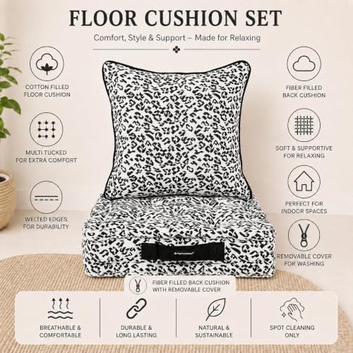 Image of Woven Quilted Floor Cushion Set 50x50x10 CM White and Black Animal with Fillers & Back Cushion, Large Size for Seating, Patio Seat, Meditation, Yoga, Pooja, Guests, Living Size 20x20x4