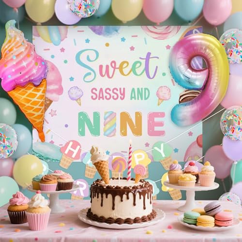 Image of Sweet Sassy and Nine 9th Birthday Decorations for Girls Ice Cream Balloons | 9 Year Old Girl Birthday Decorations Sweet Sassy and 9 Backdrop Ice Cream Banner 9th Birthday Balloon Party Supplies