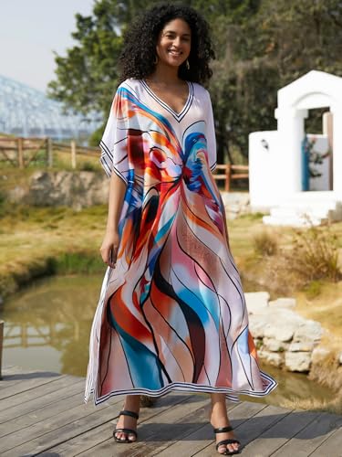 Image of IMAGEKOPE Kaftan Dresses for Women Plus Size Bathing Suit Cover up Vneck Batwing Dress Loose fit Moroccan Caftan mumu Dresses