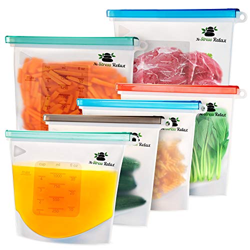No Stress Relax Reusable Silicone Food Storage Bags 6 Pcs...