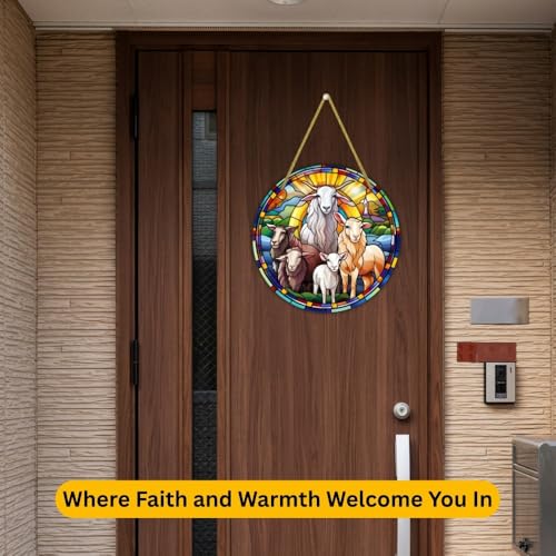 Image of Printality Stained Glass Style Christian Wall Hanging | Round MDF Plaque with Glossy Finish & Golden Zardosi String | Religious Wall Art | Jesus, Mary & Angels Design | Faith Home Decor (Design 1)