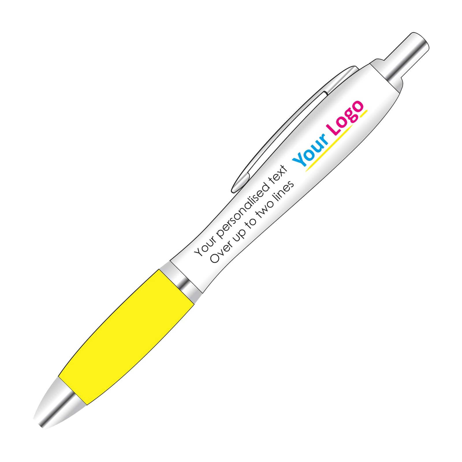 Full Colour Printed Logo Pens x 20 With Personalised Text Options for Custom Promotion With Yellow Colour Grip.