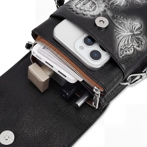 Image of Small Crossbody Bags for Women Trendy Vegan Leather Cell Phone Bag Embossed Flower Design Wallet Purses with Strap