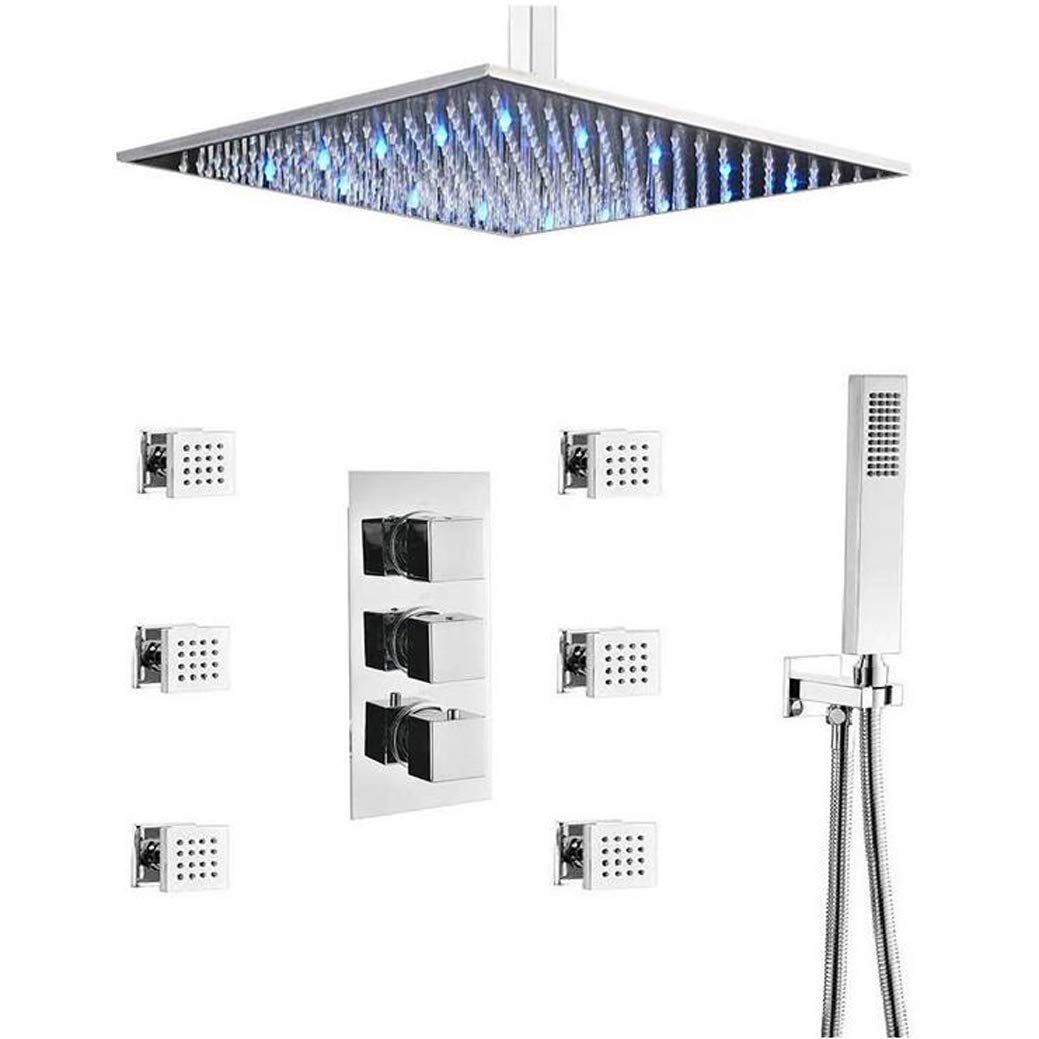 System natryskowy, termostatyczny, wykończenie mosiężne, chromowane, 10-16 cali, sufitowy system natryskowy z deszczownicą LED, 6 strumieniami wody i zestawem pryszn,12 Inch