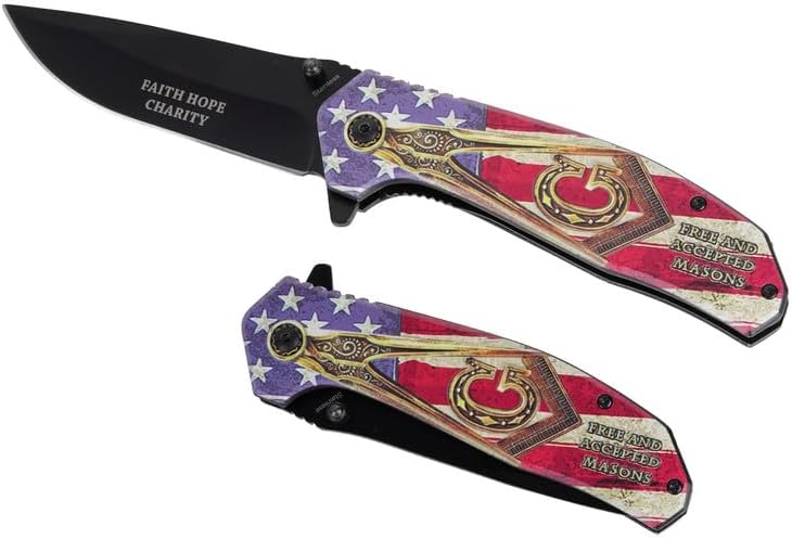 Miniatura 1 de Cuchillo de bolsillo masónico plegable, cuchillo de bolsillo de hoja de acero inoxidable de 4.75 pulgadas con estampado Faith Hope Charity,