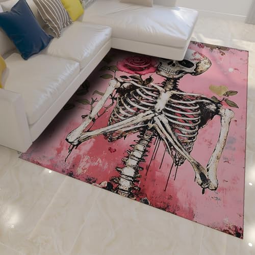 Tapis dégradé à poils bas rose fleuri skeleton forme crâne gothique 60x90