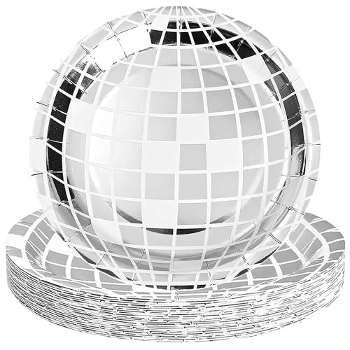 AEXHOT Disco Ball Paper Plates, 25PCS Disposable Disco Plates Dessert Plates Disco Party Decorations, for 70s Groovy Party, Wedding Bachelorette Last Disco Birthday Party Picnic (7\", Silver)