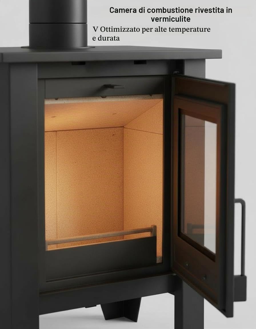 NEMAXX® H8 Stufa a Legna Ventilata Tipo Camino Nera 7,6 kW per 50–90 m² – Ventilatore Aria Calda Tangenziale 2 Livelli – Aria Primaria/Secondaria – Classe Energetica A 76% – Ø 150 mm