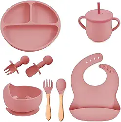 Kit Introdução Alimentar Bebê 8 Peças Prato + Bowl Babador Copo + Tampa com Canudo + 2 Talheres + 2 Talheres Ponta Silicone Cabo de Madeira 100% Silicone Antitóxico Premium (Rosa Claro)