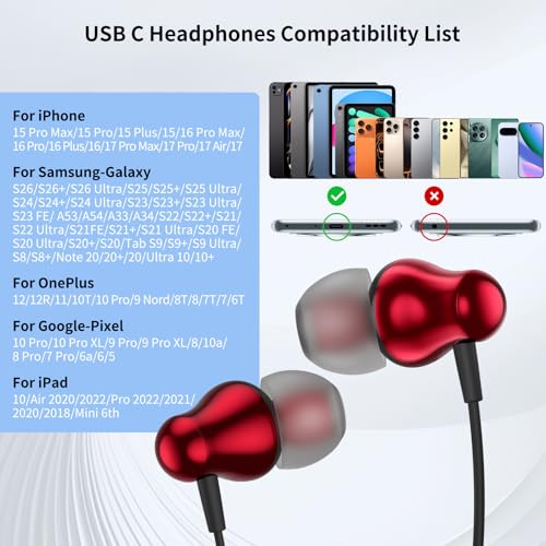 Image of ACANDYA USB C Headphones with Mic in-Ear Wired Earbuds for Work Calls Red | Noise Isolating USB C Headphone Wired Earbuds for Commute Travel Earphones with Microphone Portable for Subway Bus Plane