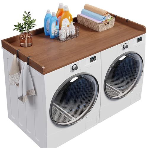 HOOBRO Washer Dryer Countertop, 54"W x 27.6"D, Wooden Laundry Countertop, Washer Dryer Topper with Raised Edges, 4 Hooks and 8 Anti-slip Pads, Laundry Room Organization, Easy Assembly, Walnut WL17XY01 by HOOBRO - Used condition - US$40.61