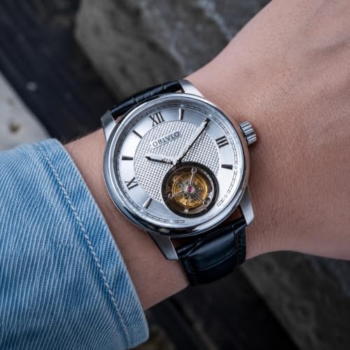 OBLVLO Men's Luxury Automatic Tourbillon Watch, Open Heart Mechanical Watch with Sapphire Crystal, Stainless Steel Case, White Dial, Genuine Leather Strap, Elegant Dress Watch — view 7