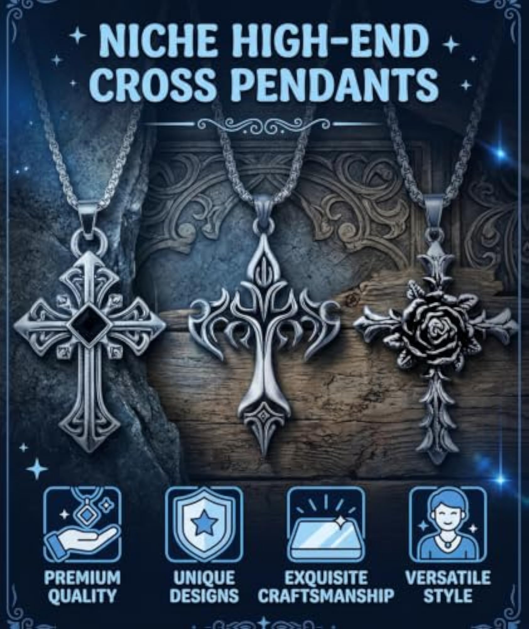 3Pcs Gothic Cross Necklace Set for Men, Gift Ready