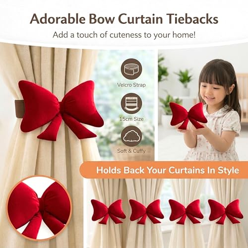 Image of Tickles 2 Pcs Bow Shape Soft Plush Toy Curtain Tiebacks Holder Clip for Children Living Room Decoration Accessories Window Curtain Decoration (Size: 15 cm Color: Red)