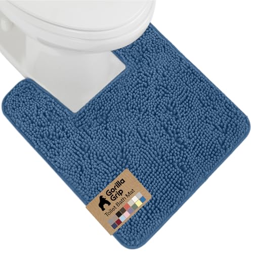 Image of GORILLA GRIP Plush Absorbent Shaggy Chenille Bath Rug Mat for Square Toilet Base with Rubber Backing, Machine Washable Rugs, Soft Microfiber Contour Mats for Toilets, Bathroom Decor, Blue
