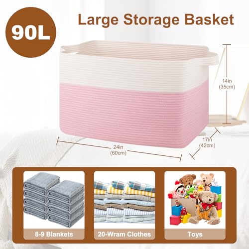 OIASKET Extra Large Laundry Basket, 90L Blanket Basket for Living Room, Cotton Rope Storage Basket, Toy Basket for Kids, Woven Basket for Clothes, Towels, Pillows, 24\" x 17\" x 14\", Pink and White