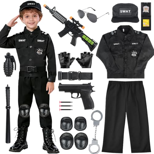 NEUFOOD Costume SWAT Enfant 14 Pièces - Déguisement Agent Spécial avec Pistolet Électronique Son et Lumière, Jeu de Rôle 2-11 Ans pour Carnaval Halloween...