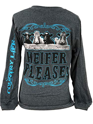 Country Life Heifer Please Cows Gray and Aqua Women's Long Sleeve Shirt (X-Large)