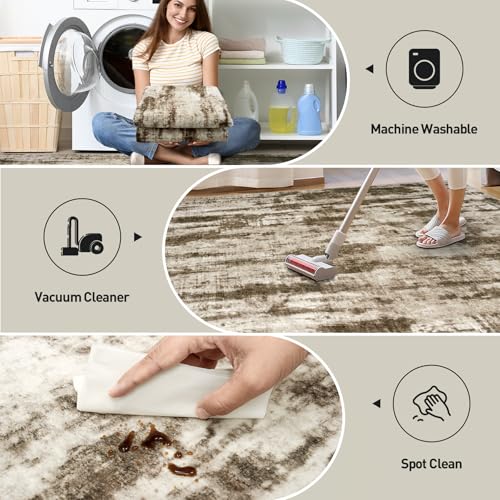 9x12 Area Rugs Washable Rug: Modern Abstract Living Room Rug Soft Anti-Skid Thin Carpet Indoor Floor Non-Shedding Carpets for Bedroom Dining Room Farmhouse Nursery Home Office Brown