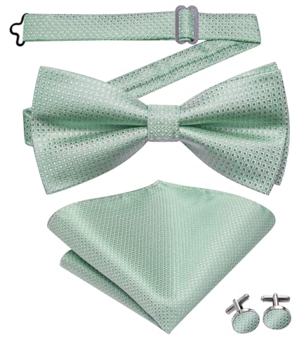 Image of Hi-Tie Teal Bow Ties for Men Silk Plaid Pre-Tied Pocket Square Cufflinks Mens Bowtie Sets for Wedding Formal Party
