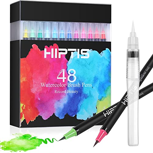HIPTIS Real Brush Pens, 48 Colors Watercolor Brush Pens with Flexible Nylon Brush Tips Watercolor Markers for Painting Calligraphy and Watercolor Effects Art Supplies for Artists and Beginners