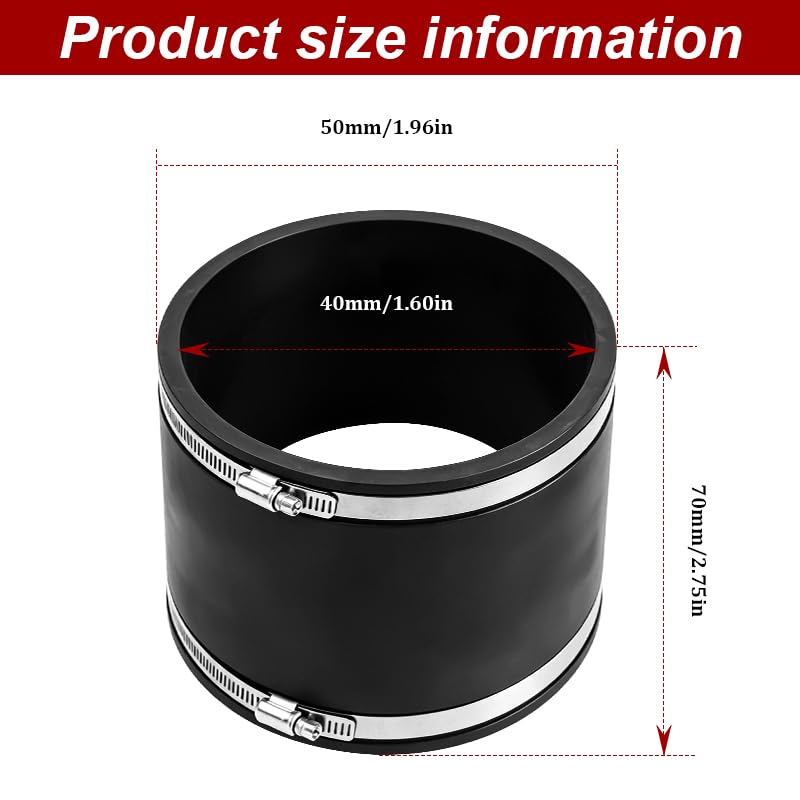 2 Piece Flexible PVC Pipe Joint, Black Rubber Pipe Adapter with Stainless Steel Pipe Clamp, Suitable for Use in Sewage Drainage and Ventilation Pipelines